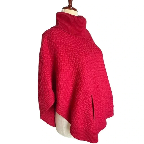 TALBOTS | Red Knit Lamb Wool Blend Cowl Neck Cape Poncho Size S - Picture 4 of 10